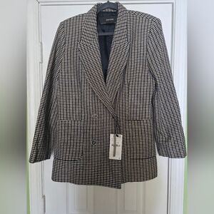 Zara Double Breasted Black, Navy and Cream Houndstooth Blazer